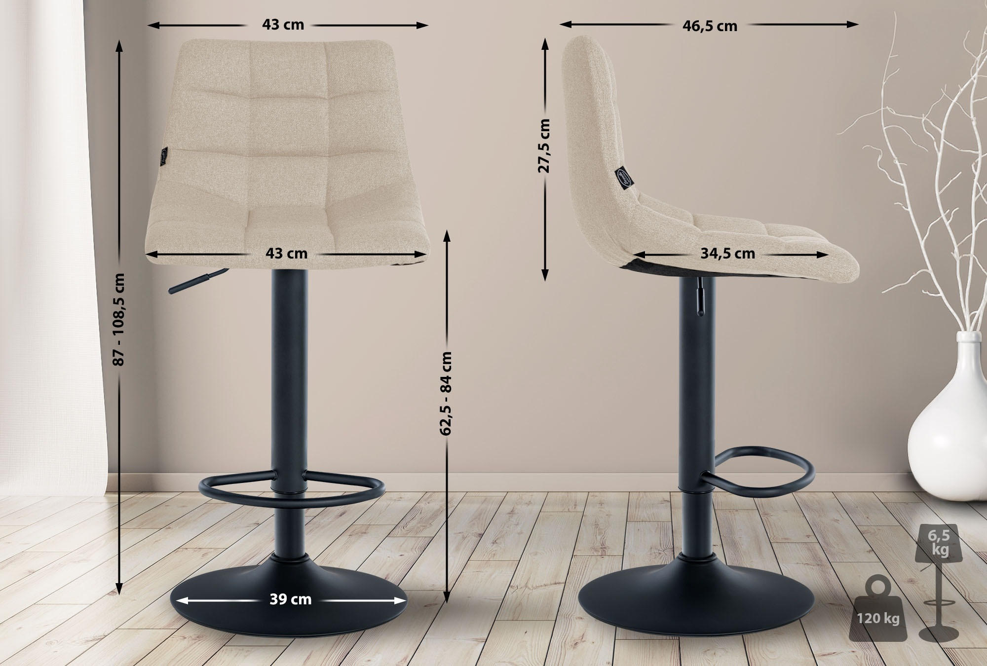 BARHOCKER 2er-Set DUBAI Creme Stoff Schwarz - Creme, Textil/Metall (43/87/46.5cm) - DELUKE