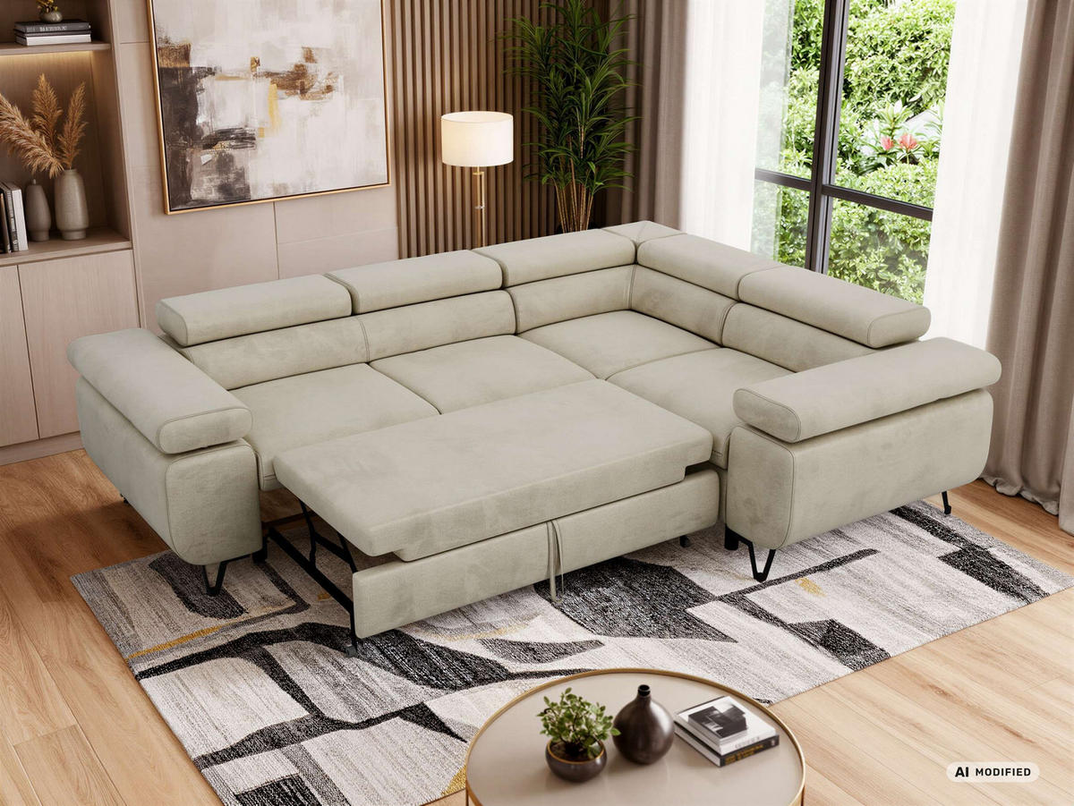 ECKSOFA FALCO L - Beige Velvet - Rechts Seite - Beige/Schwarz, Textil/Metall (268/197cm) - MKS