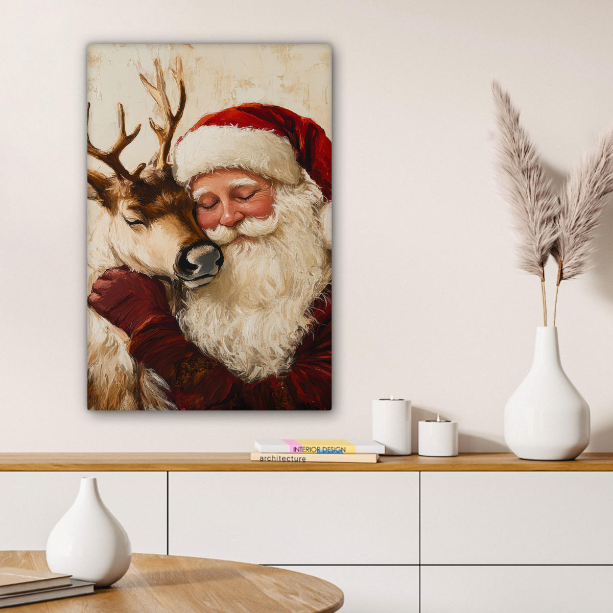 LEINWANDBILD Weihnachtsmann - Rentier - Weihnachten Wanddeko Schlafzimmer 60x90 cm - Rotbraun, Textil (60/90cm) - MuchoWow