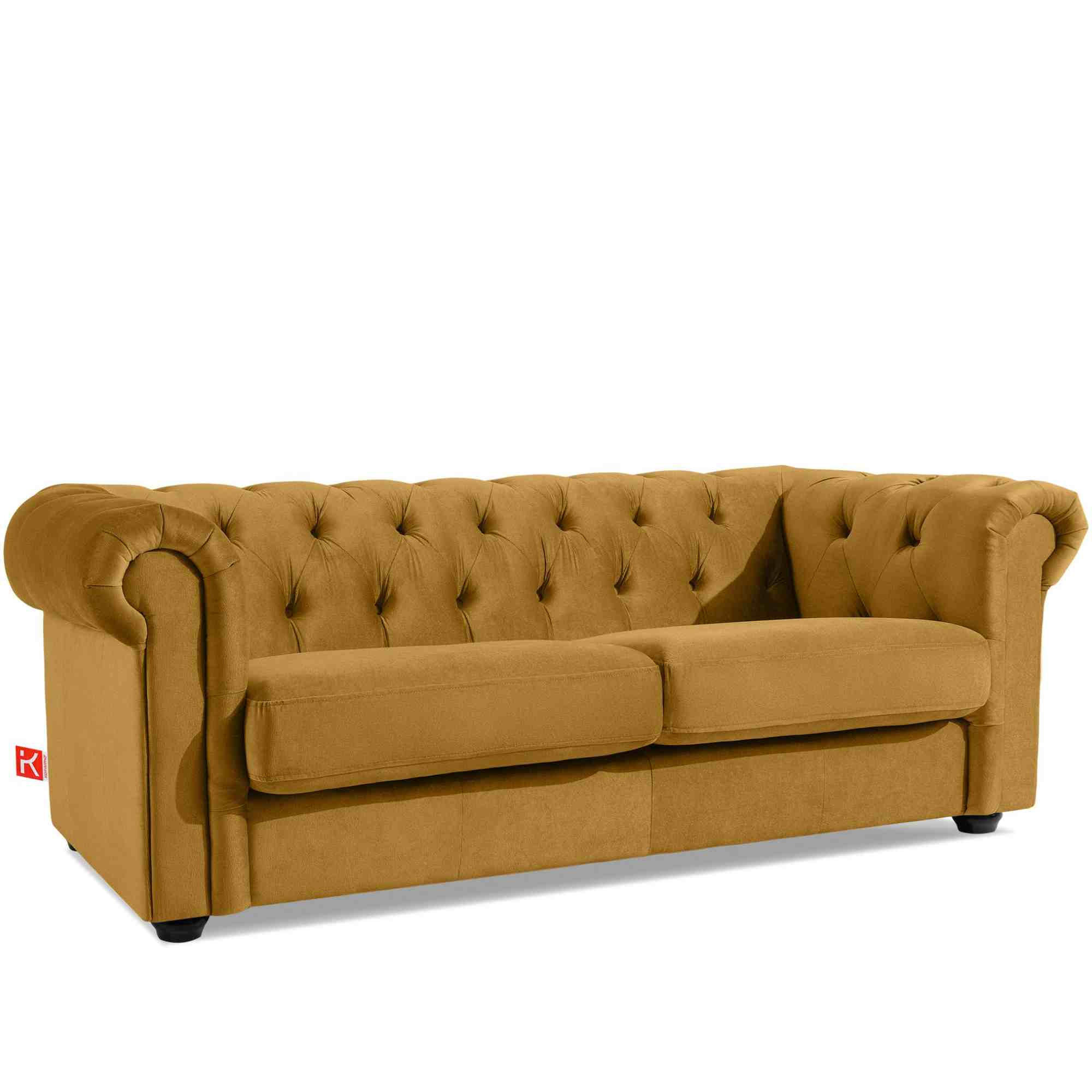 3-SITZER-SOFA GRAVO Chesterfield, Velours - Wengefarben/Gelb, Leder/Holz (202/72/95cm) - KONSIMO®