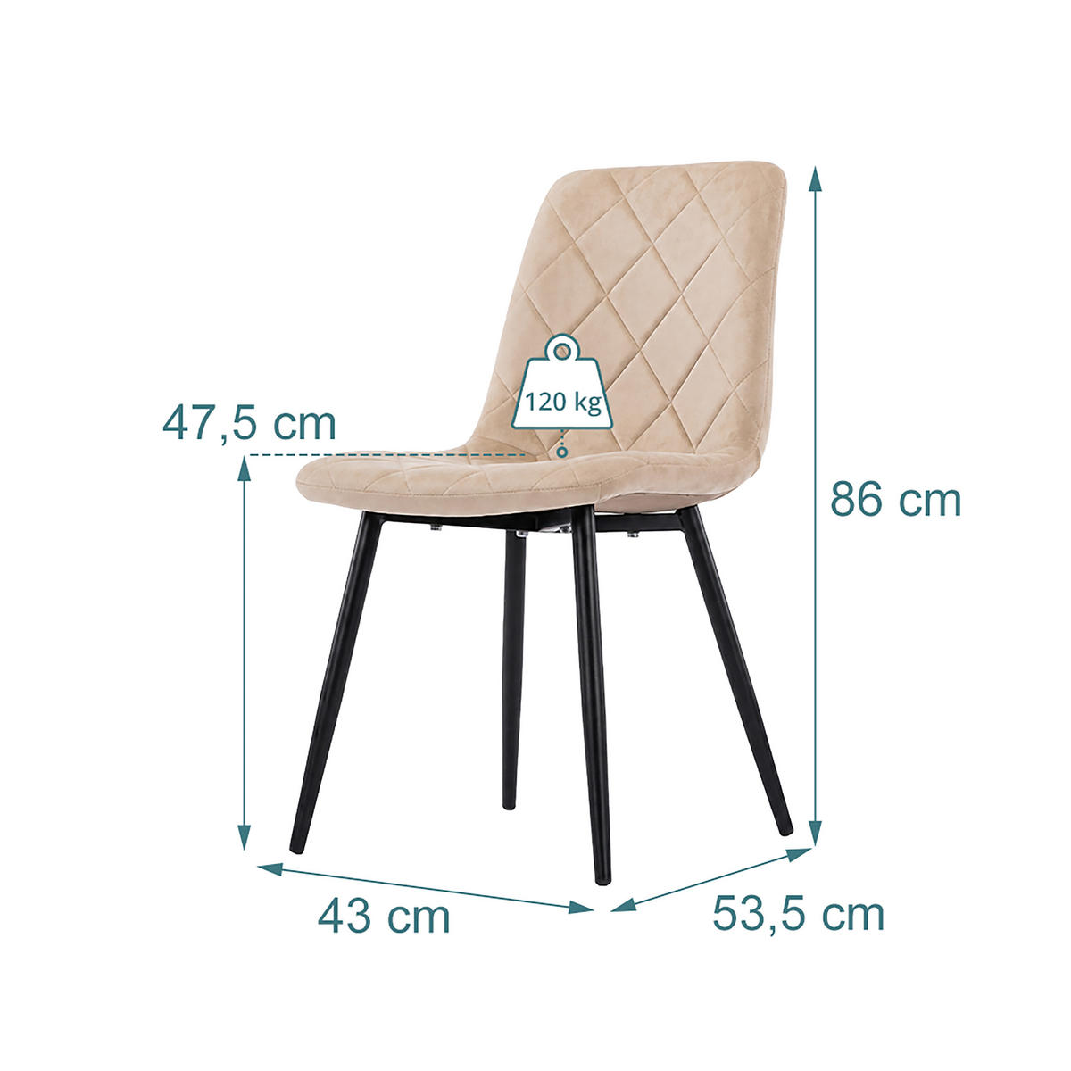 STOL Beige 4-pack sammet metallben - Beige, Trä/Textil (43/86/53.5cm) - Relaxdays