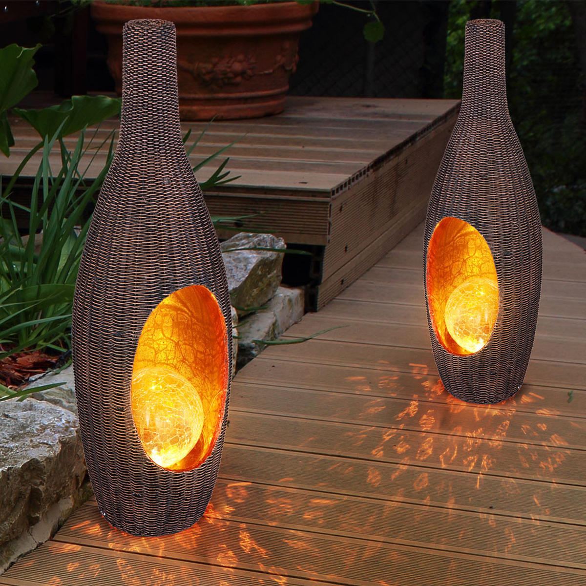 LED AUSSENLEUCHTE Rattan Design Braun Gold - Braun, Glas (14.3/13/45.5cm) - Globo Lighting