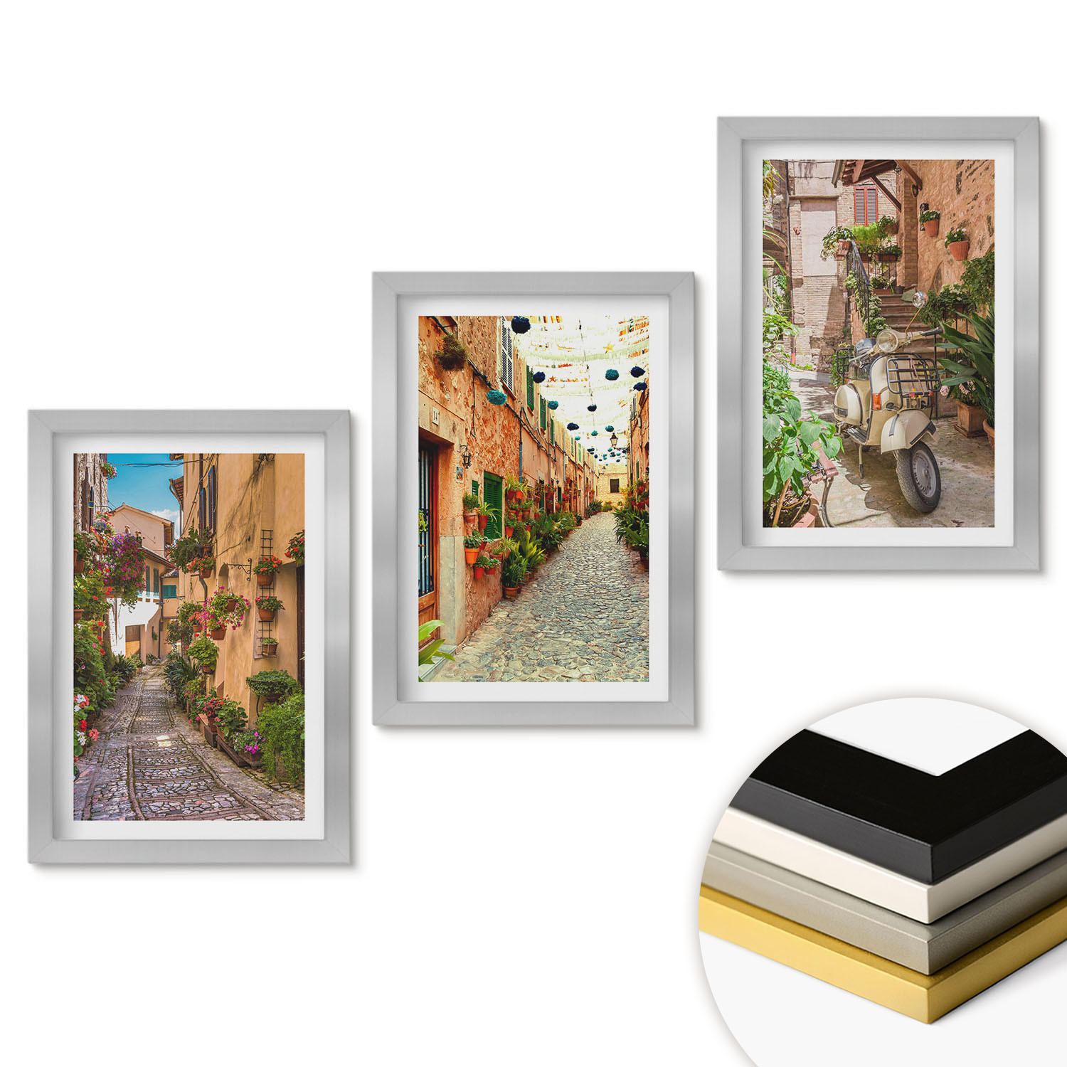 WANDBILDER 3er Set - 20x30 cm Silberner Rahmen - Straßen, Blumen, italienisches Flair - Silberfarben, Kunststoff (20/30cm) - ArtPrintCave