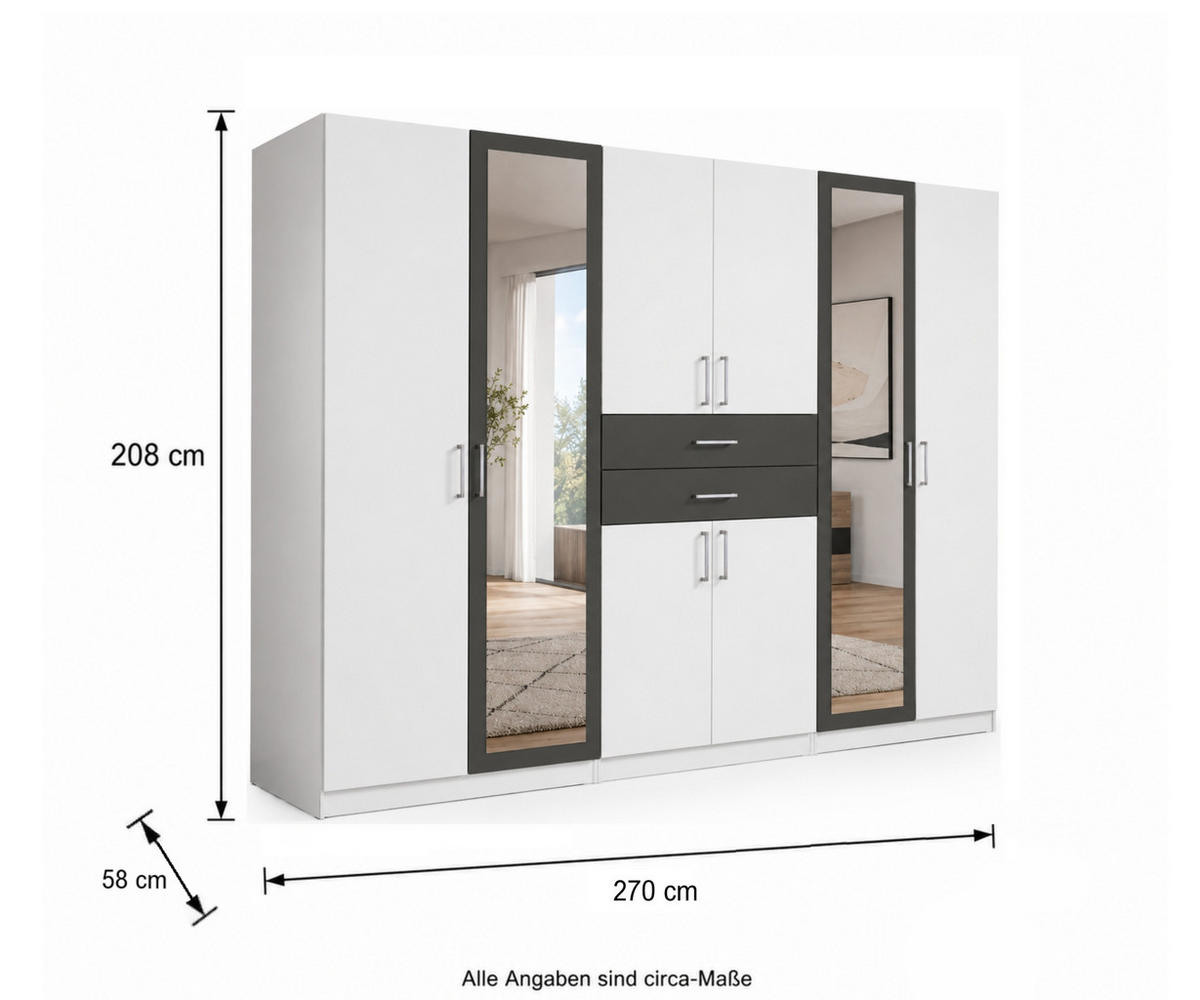 DREHTÜRENSCHRANK Kleiderschrank B270/H208/T58 cm mit Schubkästen & 2 Spiegeltüren, Weiß mit Absetzungen in Grafit / 22594 - Silberfarben/Graphitfarben, Holzwerkstoff/Kunststoff (270/208/58cm) - luma-home