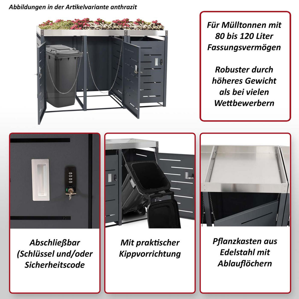 3ER-MÜLLTONNENVERKLEIDUNG H40B rechteckig Anthrazit - Anthrazit, Metall (175/110/62cm) - MCW