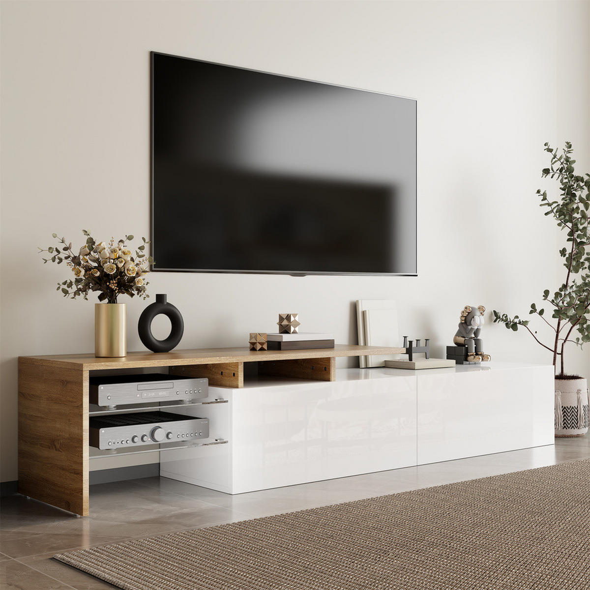 TV-SCHRANK Modern Hochglanzweiß Holzoptik Glasböden LED-Beleuchtung - Weiß, Holz (42.19/18.42/143cm) - FLIEKS