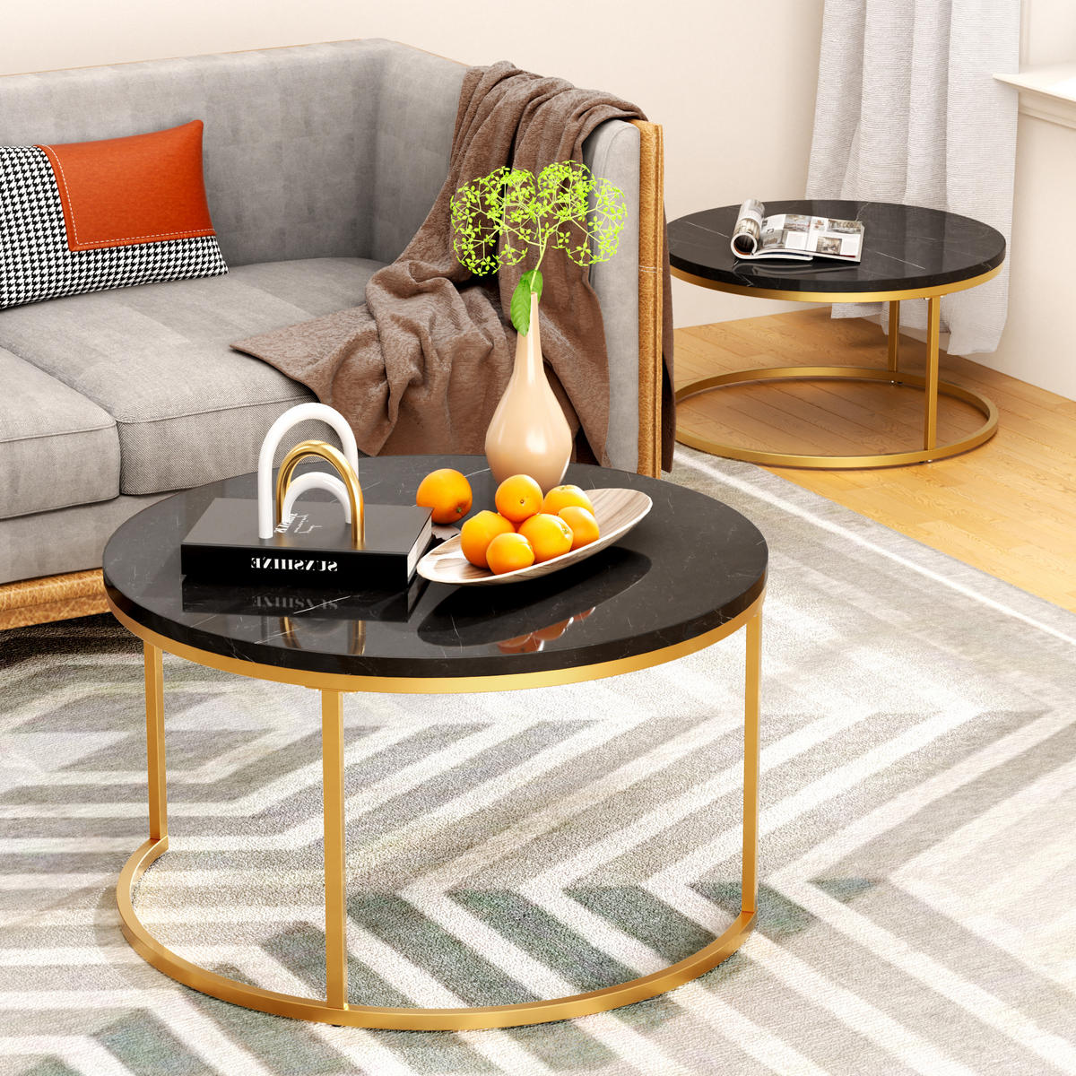 COUCHTISCH-SET mit Marmoreffekt und Metallrahmen Basis, Stapelbarer Beistelltisch Set 80/80/45 cm + 60/60/33,5 cm, Schwarz und Gold - Schwarz, Holzwerkstoff (80/80/45cm) - Redom