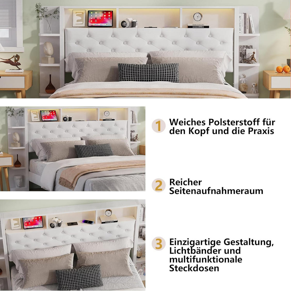 POLSTERBETT 160x200 cm mit LED, USB, 2 Schubladen, Samt, Weiß - Weiß, Holz (160/200cm)