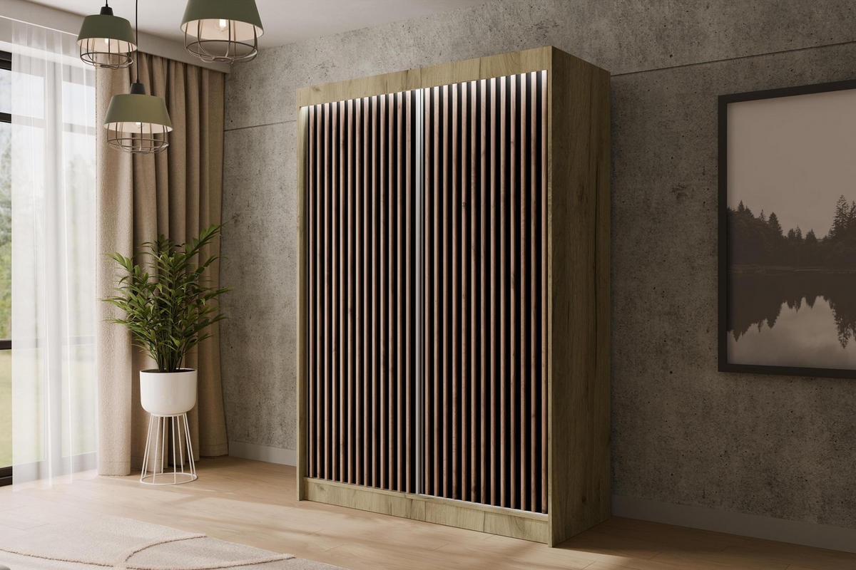 KLEIDERSCHRANK mit LED, Lamel-Schiebetüren VILANv2 - 150 cm Eiche Kraft + Lamelle Eiche Wotan - Hellbraun/Eiche Wotan, Holzwerkstoff (150/215/61cm) - ALTDECOR