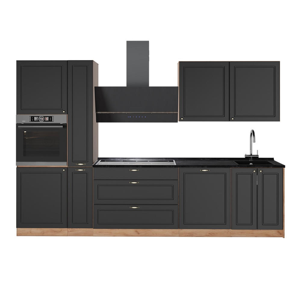 KÜCHENZEILE Fame-Line, Anthrazit-Gold Landhaus/Goldkraft Eiche, 310 cm ohne Arbeitsplatte - Honigeiche/Anthrazit, Holzwerkstoff (310/206.8/51.6cm) - Vicco