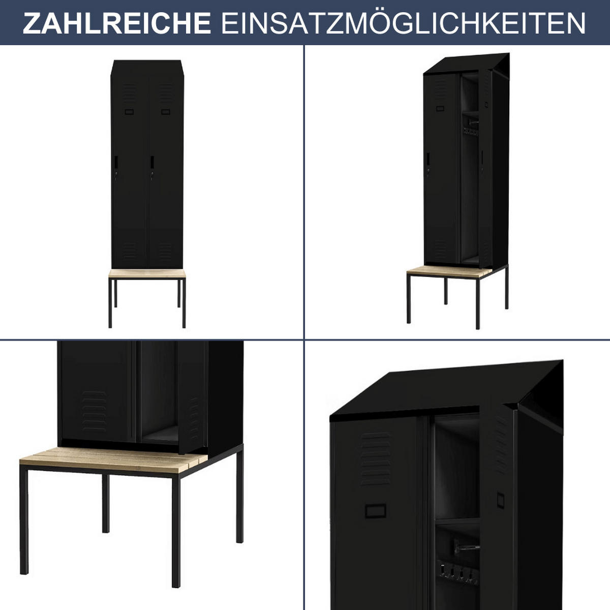 UMKLEIDESCHRANK Spind mit Sitzbank BARCA 2 Abteile 229,5x60x85cm Schwarz - Schwarz, Metall (60/229.5/85cm) - DELUKE