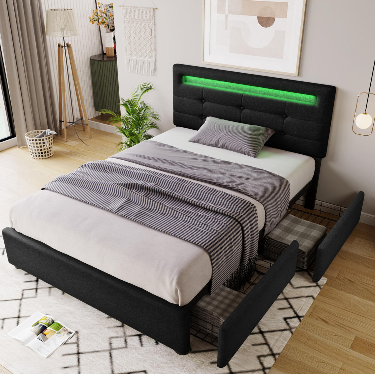ČALÚNENÁ posteľ z ľanu 90x200 cm čierna s LED osvetlením, 2 zásuvkami a nastaviteľným čelom - čierna, textil (90/200cm) - Modfu