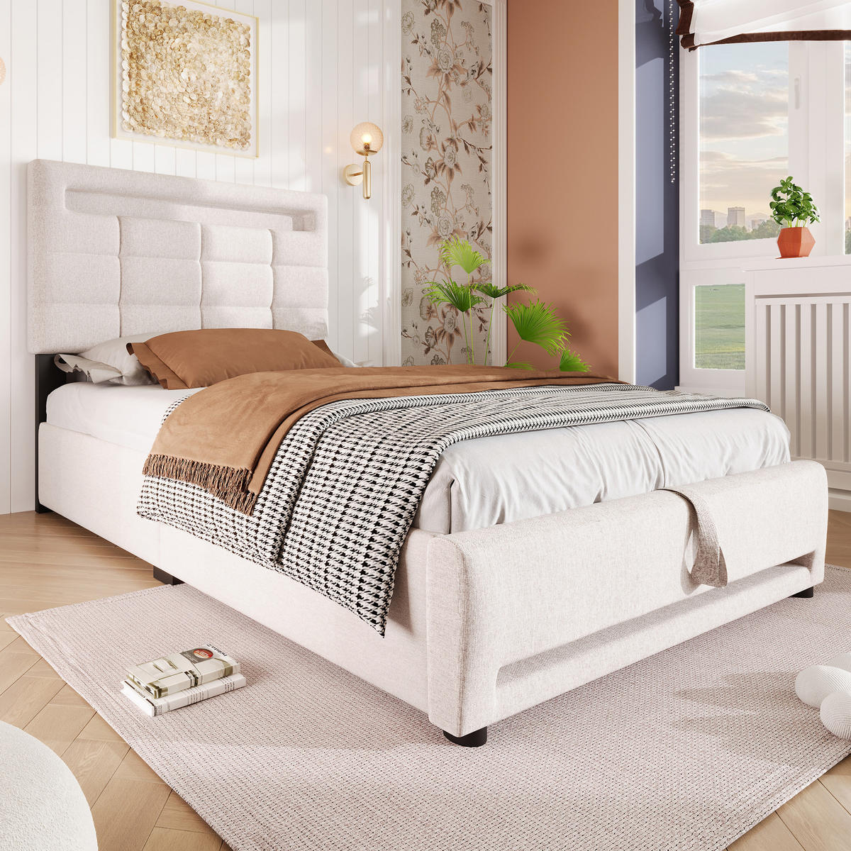 POLSTERBETT 90/200 cm in Beige Leinen mit Bettkasten, LED und USB - Beige, Holzwerkstoff/Textil (90/200cm) - WISHDOR