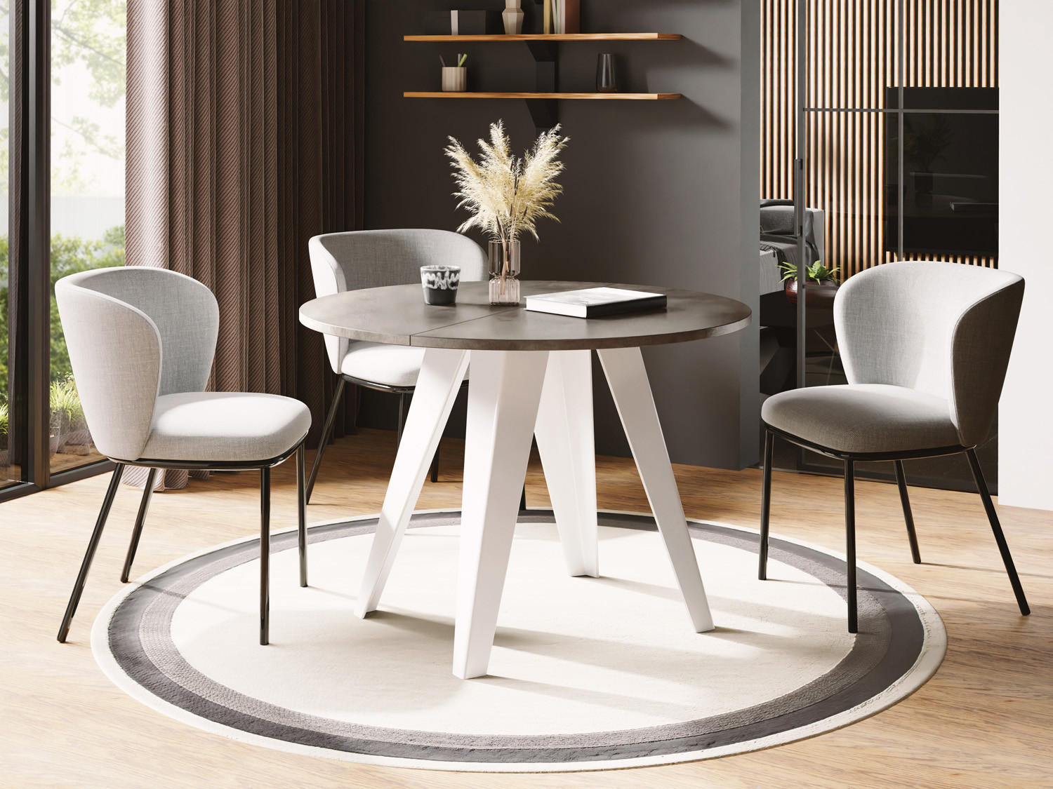 ESSTISCH Griffin runder ausziehbarer, Dunkelgrauer Chicago Beton 90-130/100/76 cm - Dunkelgrau/Weiß, Holzwerkstoff/Metall (90/90/76cm) - WFL GROUP
