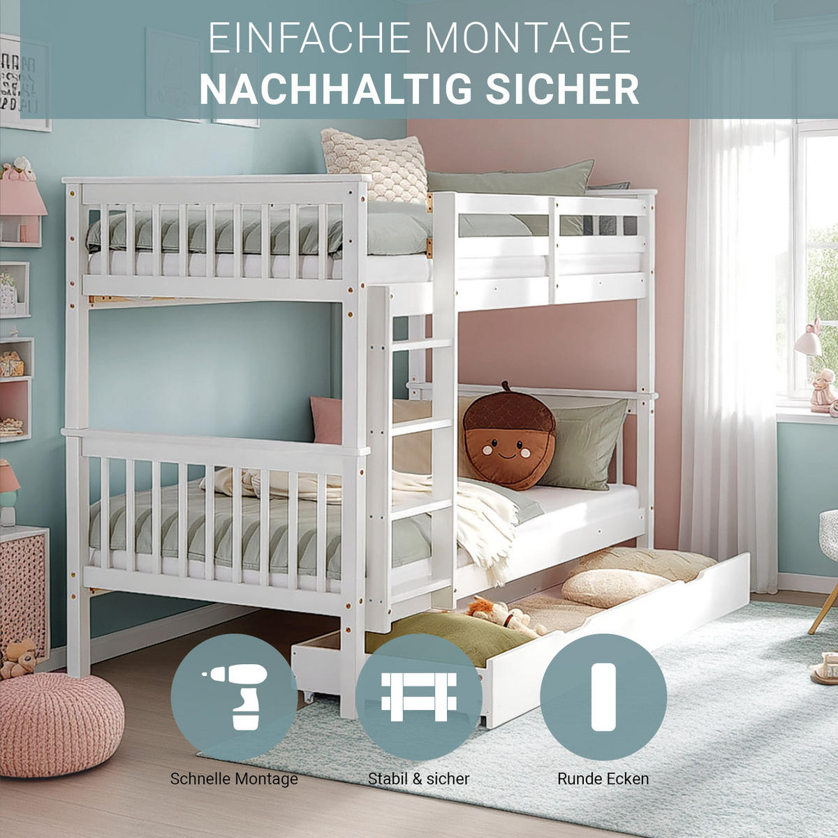 ETAGENBETT mit Matratze Bettkasten 90/200 cm Weiß - Weiß, Holz (90/200cm) - Homestyle4u
