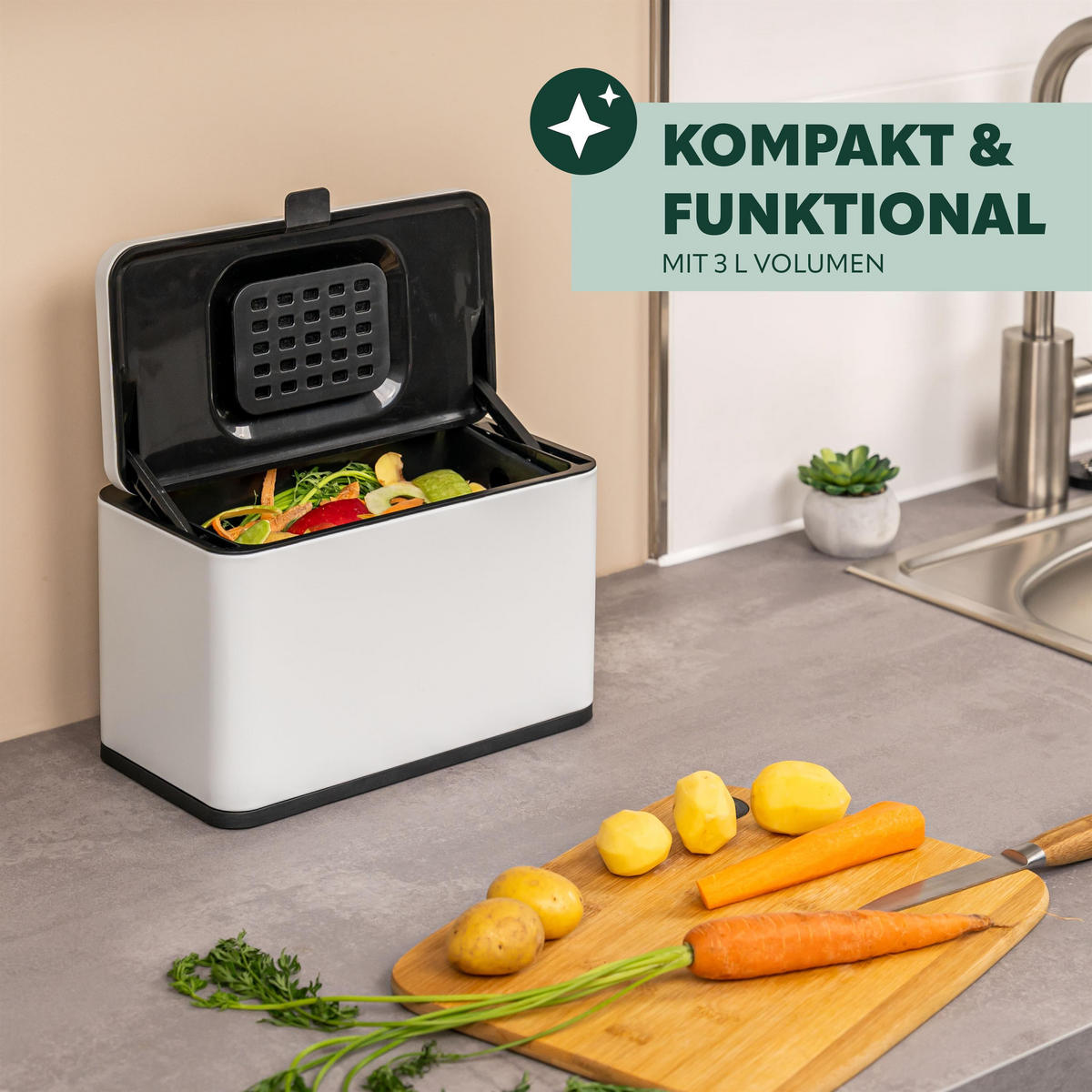 BIOMÜLLEIMER 3 Liter, Metall, weiß - Weiß, Metall (26/17/14cm) - eluno