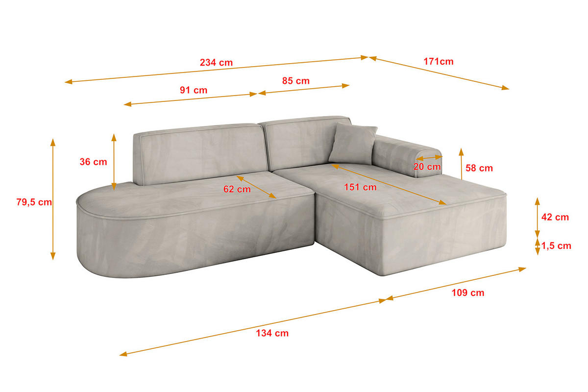 ECKSOFA Ottomane Rechts IREA-L1-v3 - 234x171x79 cm Hellbraun - Hellbraun, Holzwerkstoff/Textil (171/234cm) - ALTDECOR