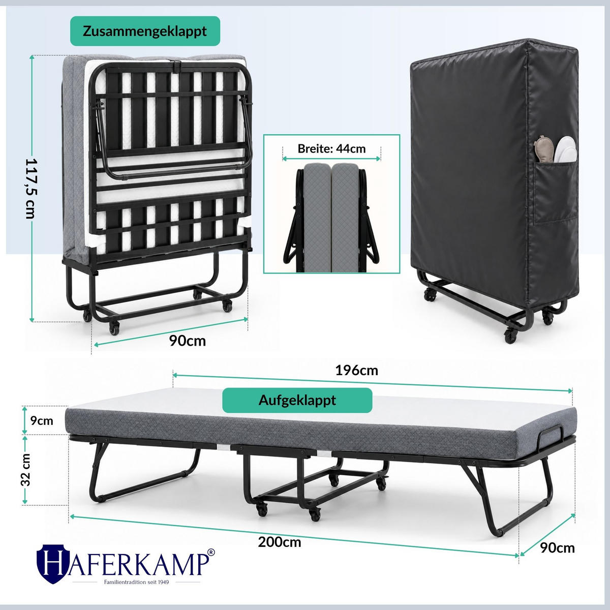 KLAPPBETT RESTO inkl. Premium Matratze 250kg Faltbar Gästebett TxB 90x200cm Weiß-Anthrazit - Weiß, Metall