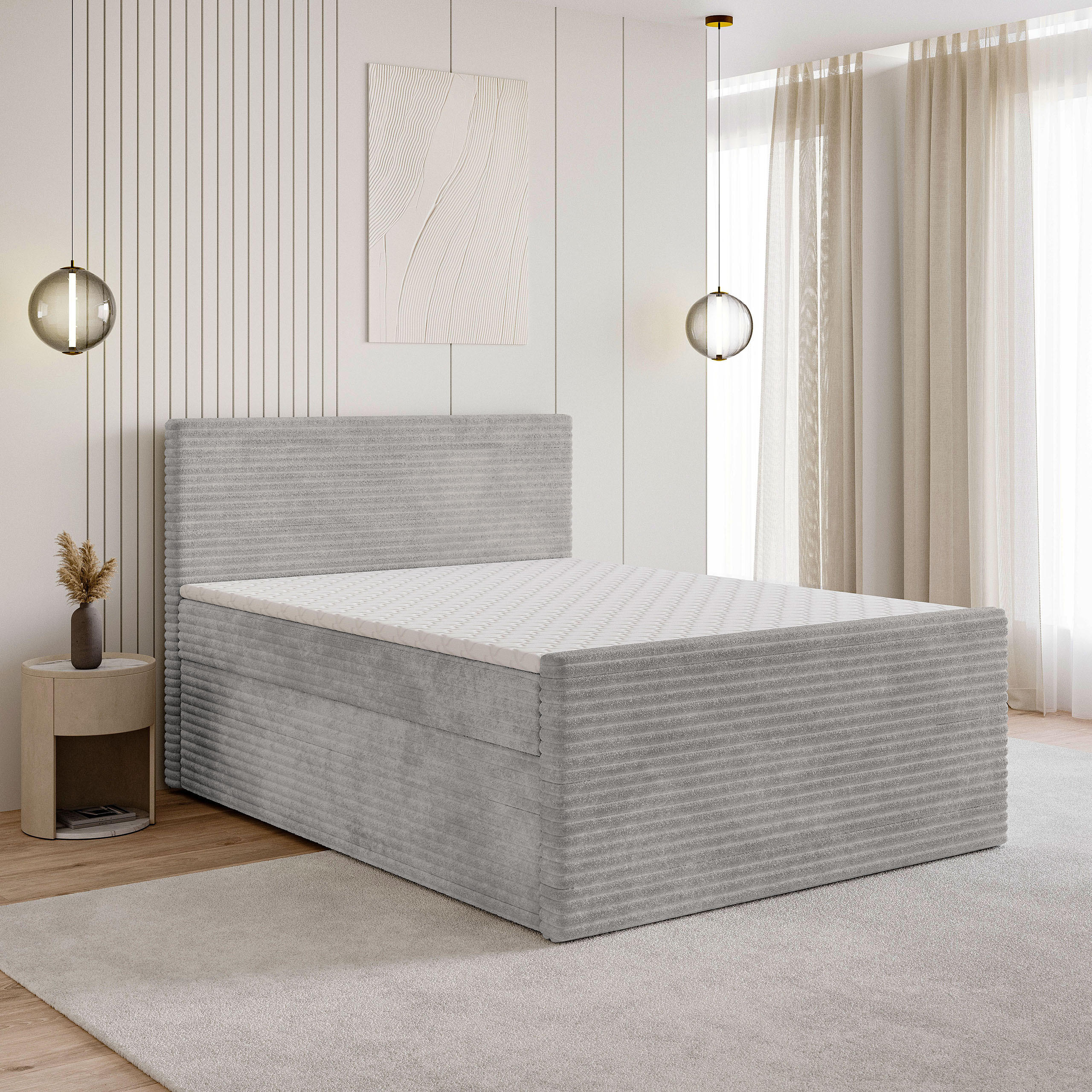 BOXBETT NOLEN 180x200 cm mit Matratze und Topper - Hellgrau - Hellgrau, Holz (180/200cm) - MASSENO