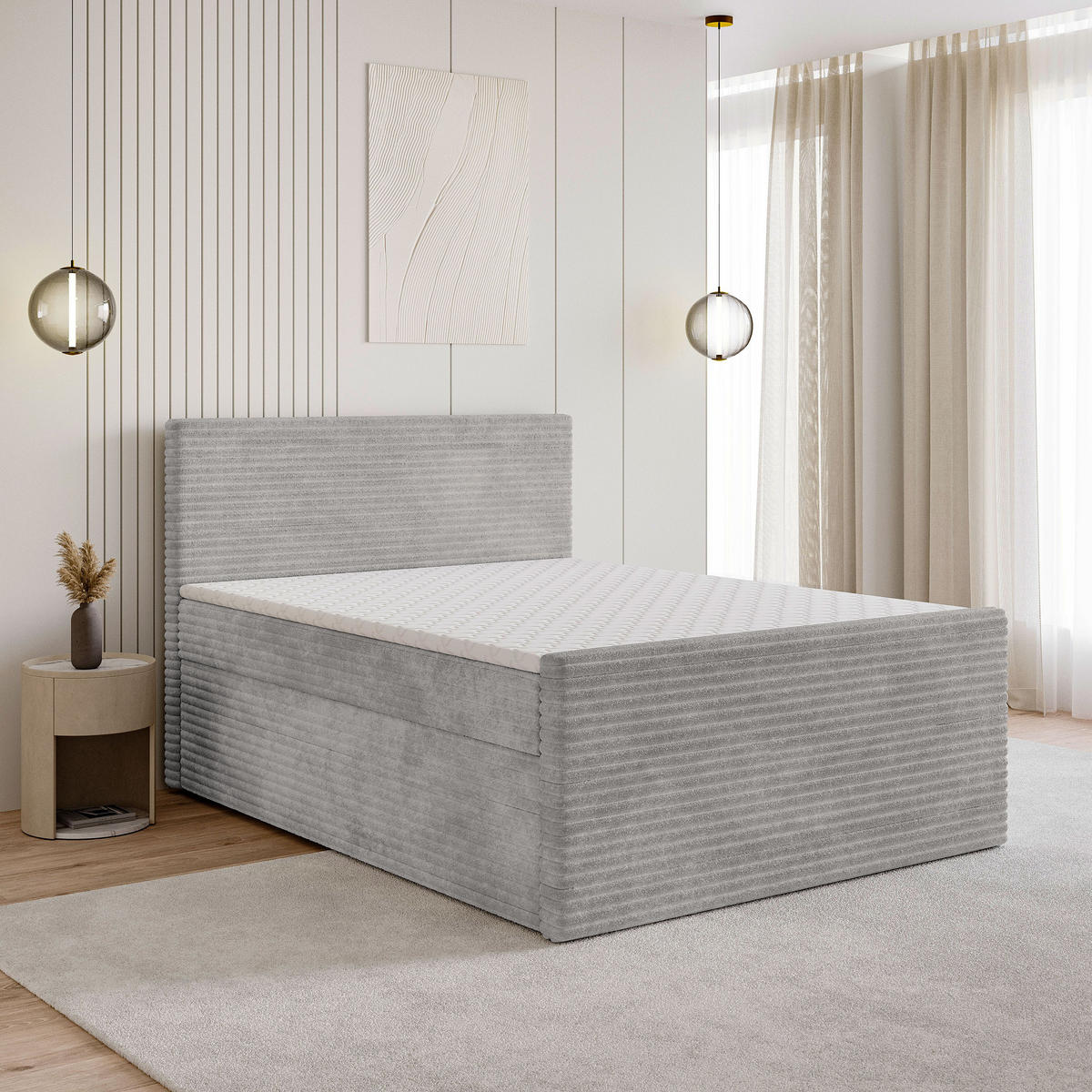BOXBETT NOLEN 140x200 cm mit Matratze und Topper - Hellgrau - Hellgrau, Holz (140/200cm) - MASSENO