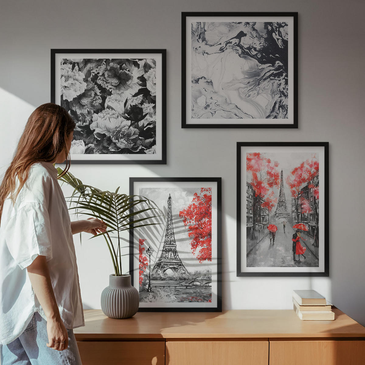 BILDER SET 4er Set - 50x50 cm & 40x60 cm Schwarzer Rahmen - graue Gemälde des Eiffelturms - Schwarz, Kunststoff (50/50cm) - TULUP