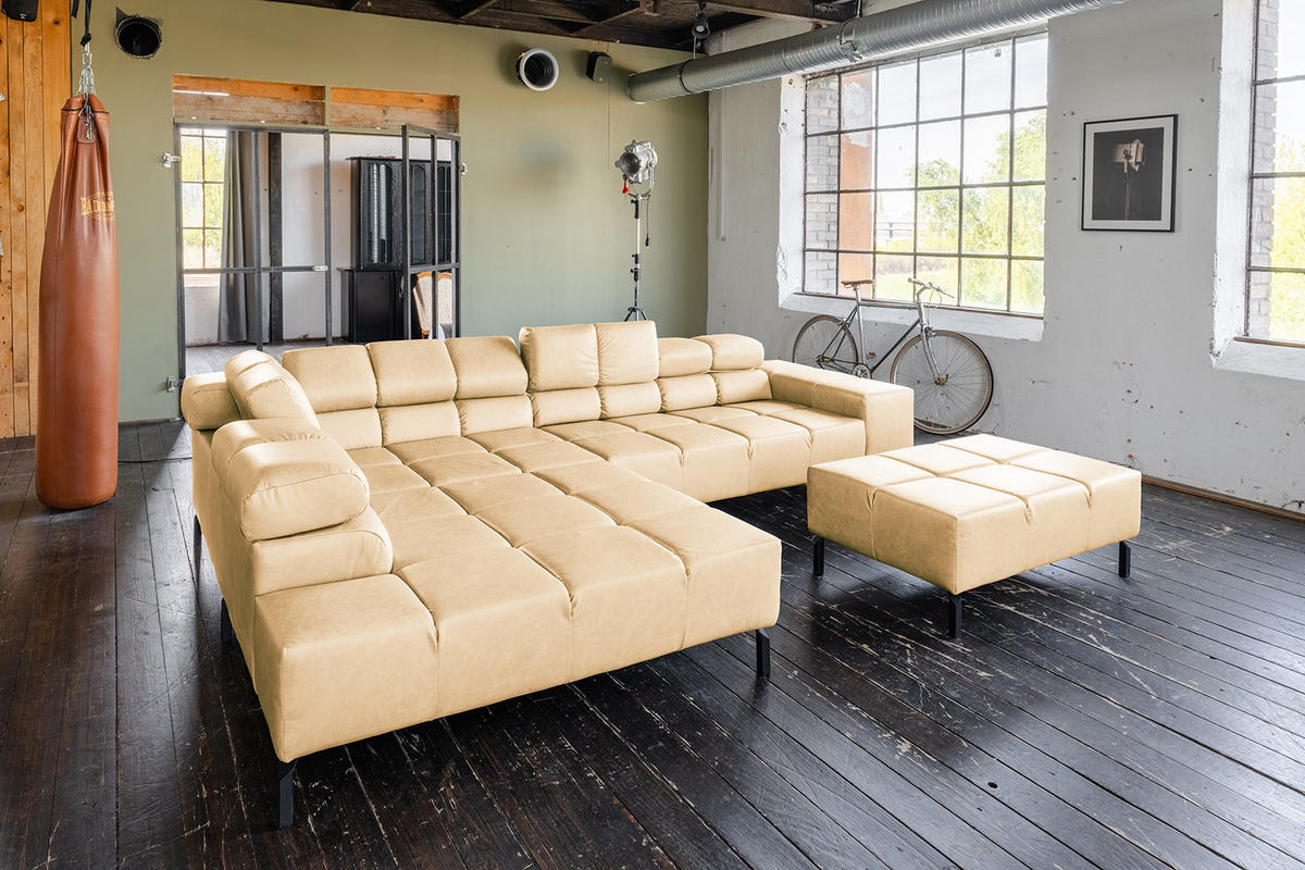 ECKSOFA NELSON Beige Leder Relaxfunktion - Beige/Schwarz, Leder/Metall (321/216cm) - KAWOLA