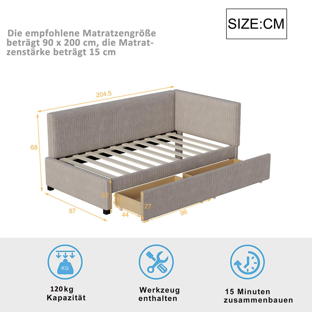 ROZKLÁDACÍ postel 90x200 cm šedá z látky se dvěma úložnými zásuvkami a lamelovým roštem - šedá, kůže (90/200cm) - OKWISH