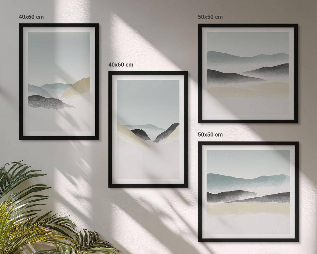 WANDBILDER 4er-Set - 50x50 cm & 40x60 cm Schwarzer Rahmen - Berge minimalistische Pastellfarben - Schwarz, Kunststoff (50/50cm) - ArtPrintCave