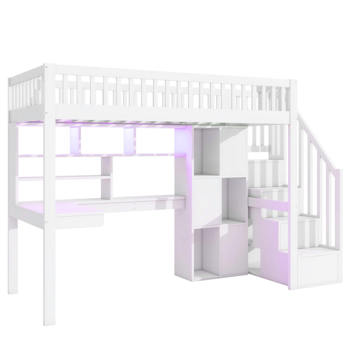 VISOKA postelja 90/200 cm bela z LED-osvetlitvijo, lestvijo za shranjevanje, policami in mizo iz bora in MDF - bela, leseni material (90/200cm) - OKWISH