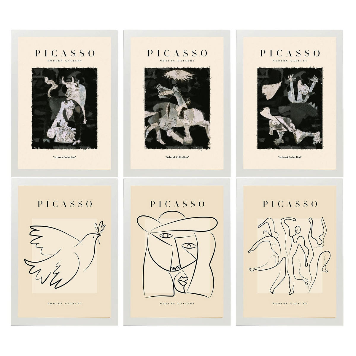 POSTER Set Mit 6 Illustrationen Von Pablo Picasso Schwarz Weiss A3 Weißer Rahmen - Weiß, Papier (29/3cm) - Nacnic