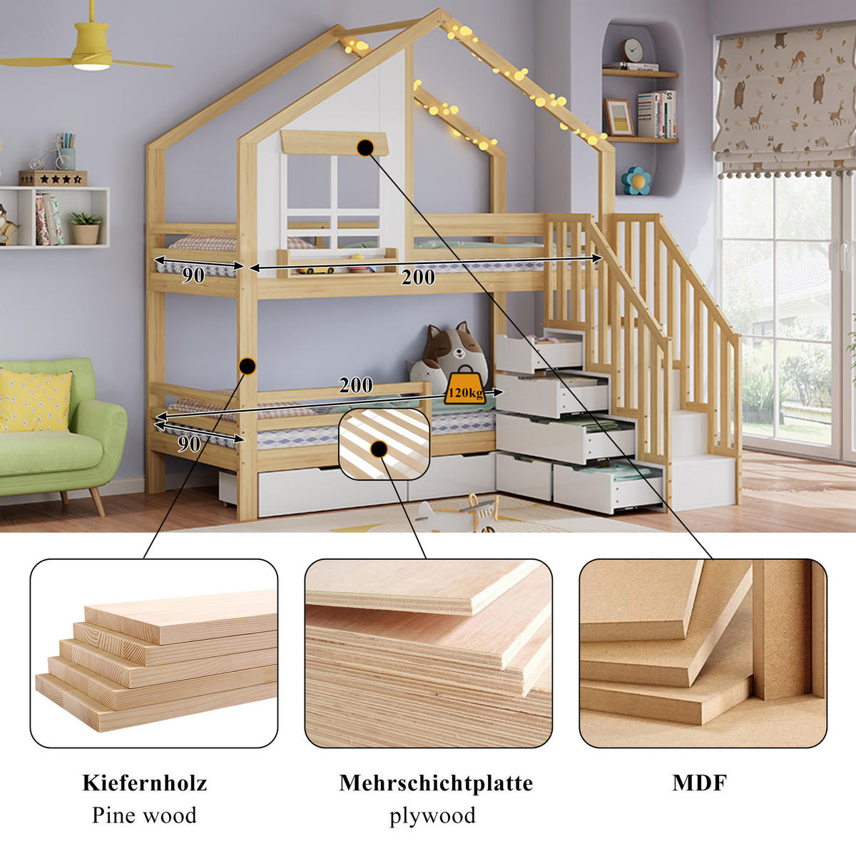 ETAGENBETT 90x200 cm in Weiß/Natur mit Stauraumtreppe und Rollschubladen - Weiß, Holz (90/200cm) - IVMEU