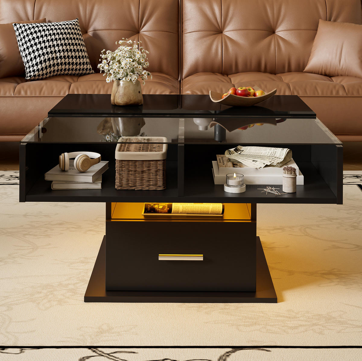 COUCHTISCH 78/78/45,5-59,5 cm höhenverstellbar mit LED-Beleuchtung und Stauraum, Schwarz - Schwarz, Holzwerkstoff (78/78/59.5cm) - Redom