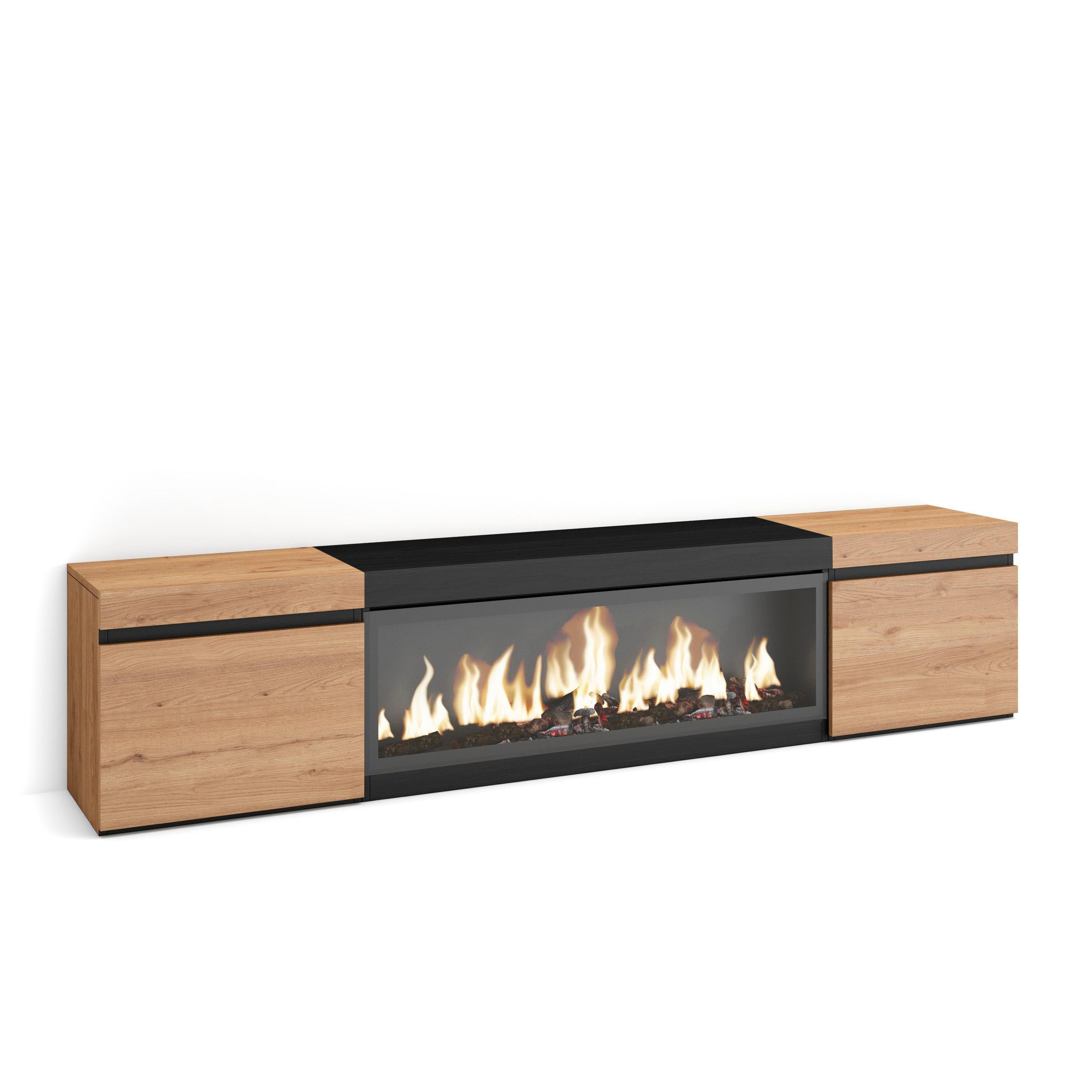 LOWBOARD, Tv-Schrank Elektrokamin XXL, eiche, schwarz, 208/35/45cm - Eichefarben/Multicolor, Holzwerkstoff (208/45/35cm) - Skraut Home