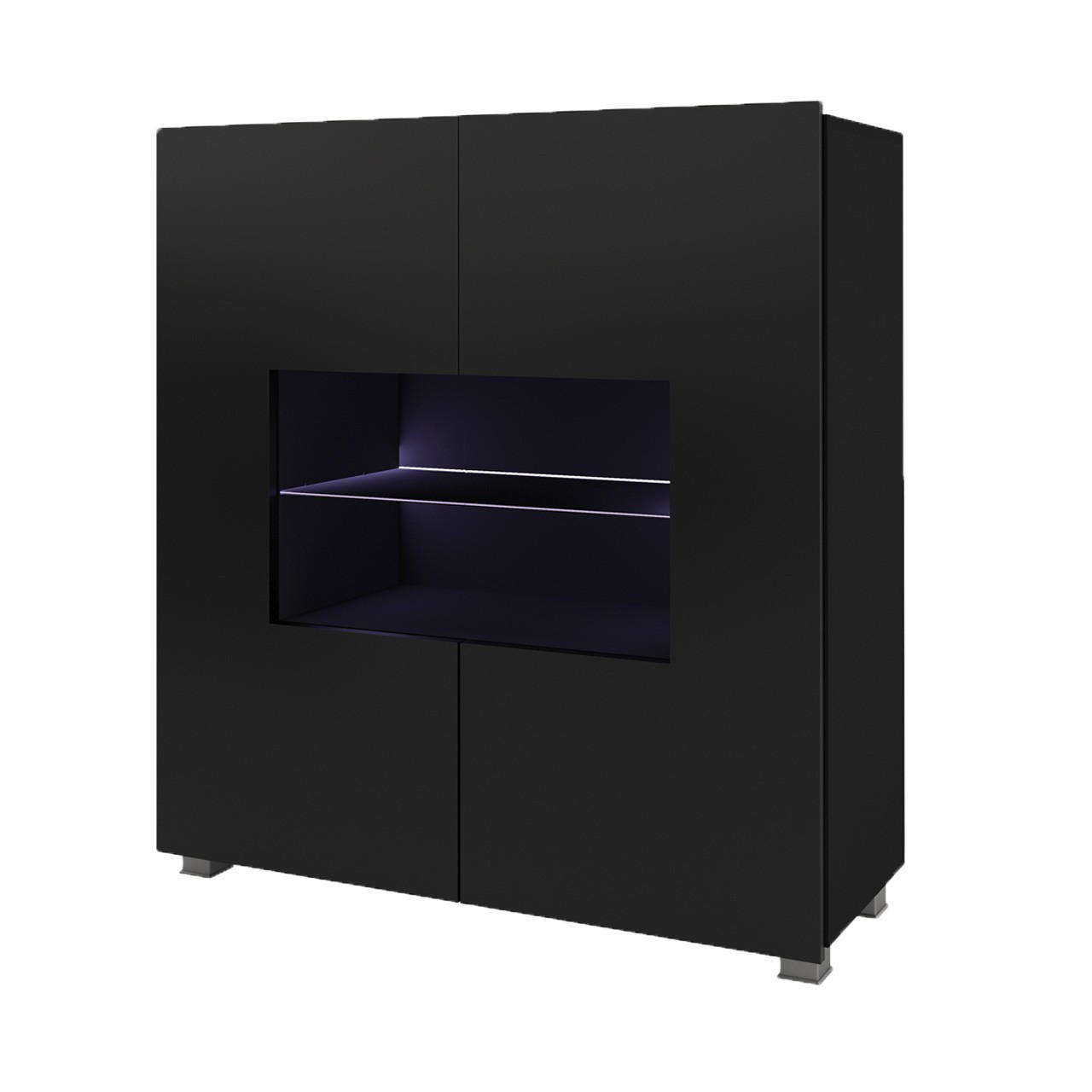 KOMMODE Bird Schwarz, zweitürige Kommode, mit LED und Silber Beine - Silberfarben/Schwarz, Glas/Holzwerkstoff (100/107/35cm) - Bettso