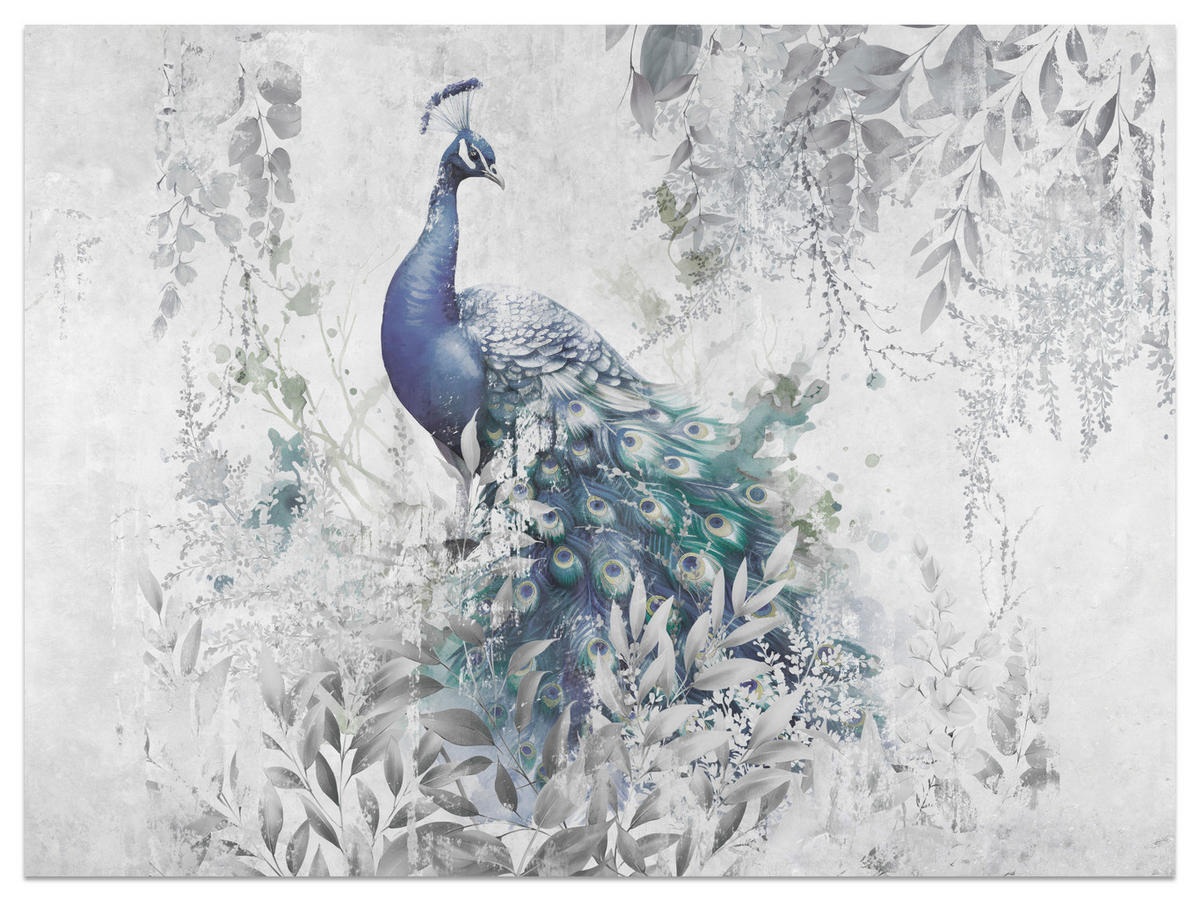FOTOTAPETE für Schlafzimmer Abstrakte Vogel Pfau Beton Blätter 500x350 - Türkis/Blau, Papier (500/350cm) - Muralo