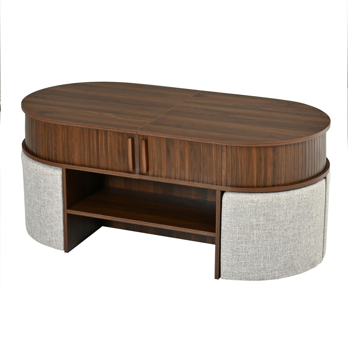 COUCHTISCH Oval Stauraum Rillenoptik mit Hockern Modern - Walnussfarben, Holzwerkstoff (60/120/51.5cm) - FLIEKS