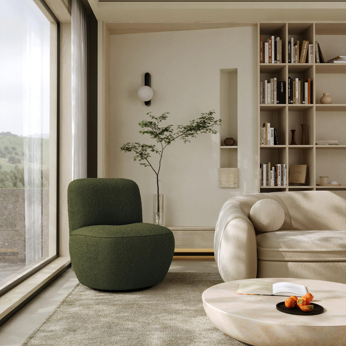 DREHSESSEL Stoff Bouclé khaki - Olivgrün/Grün, Textil (64/77/68cm) - Sia Home
