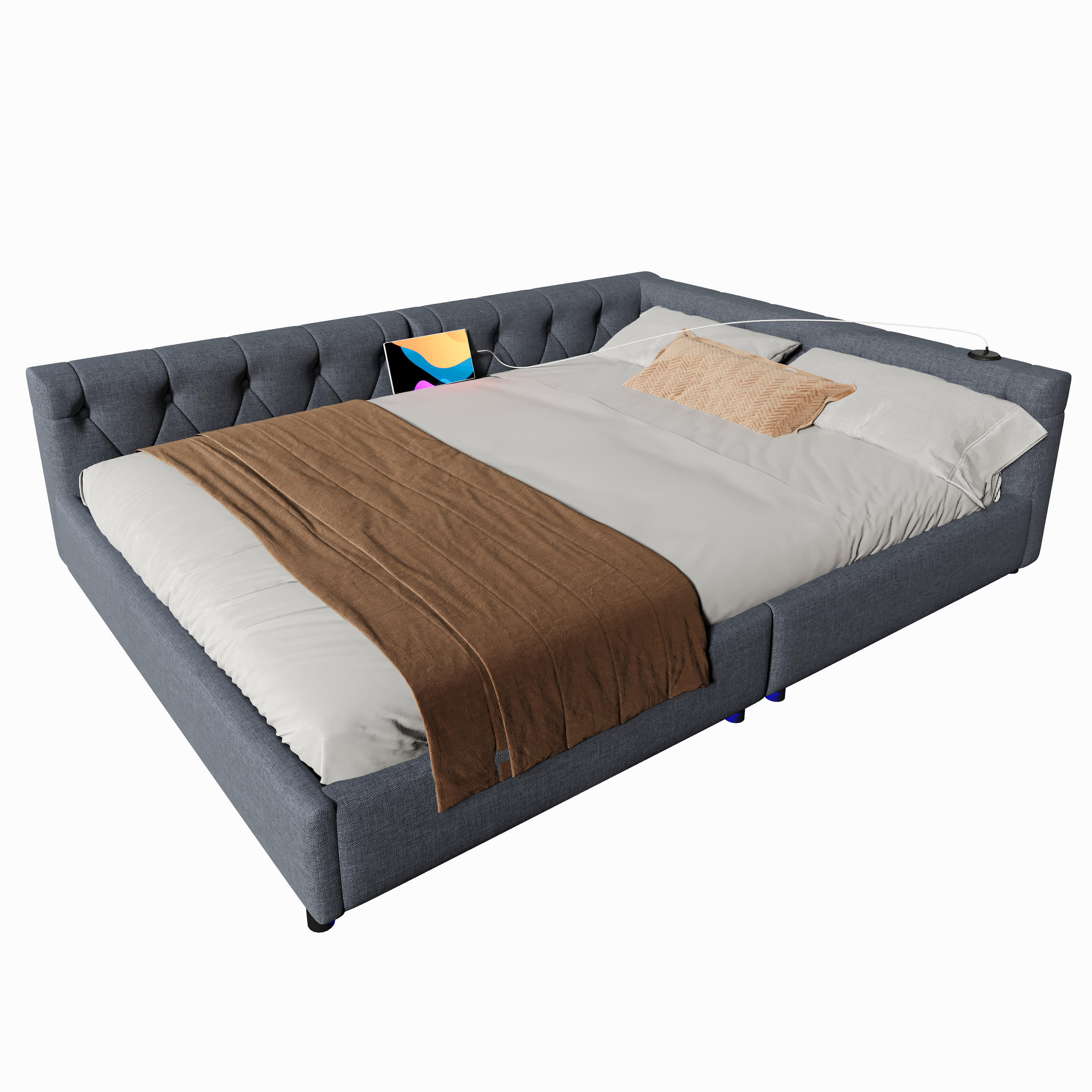 SCHLAFSOFA 140x200cm Grau Leinen LED-Licht Kopfteil USB-C - Grau, Holz (140/200cm) - FLIEKS