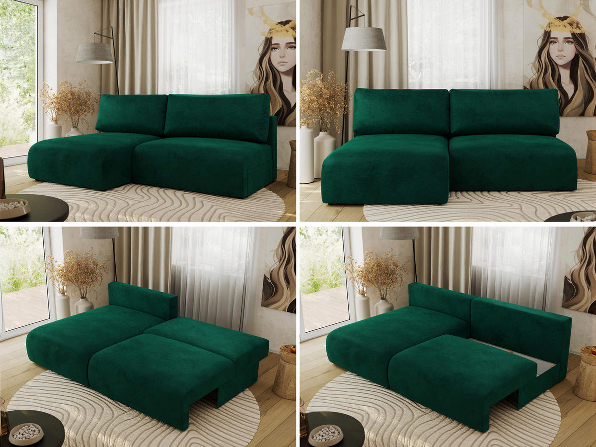ECKSCHLAFSOFA VIVO L Dunkelgrün Velvet - links - Dunkelgrün/Schwarz, Kunststoff/Textil (223/150cm) - MKS