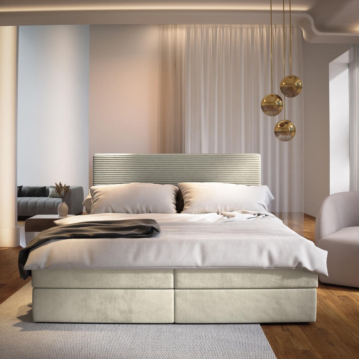 BOXBETT GIARRO 180x200 cm mit Matratze und Topper - Creme - Creme, Holz (180/200cm) - MASSENO