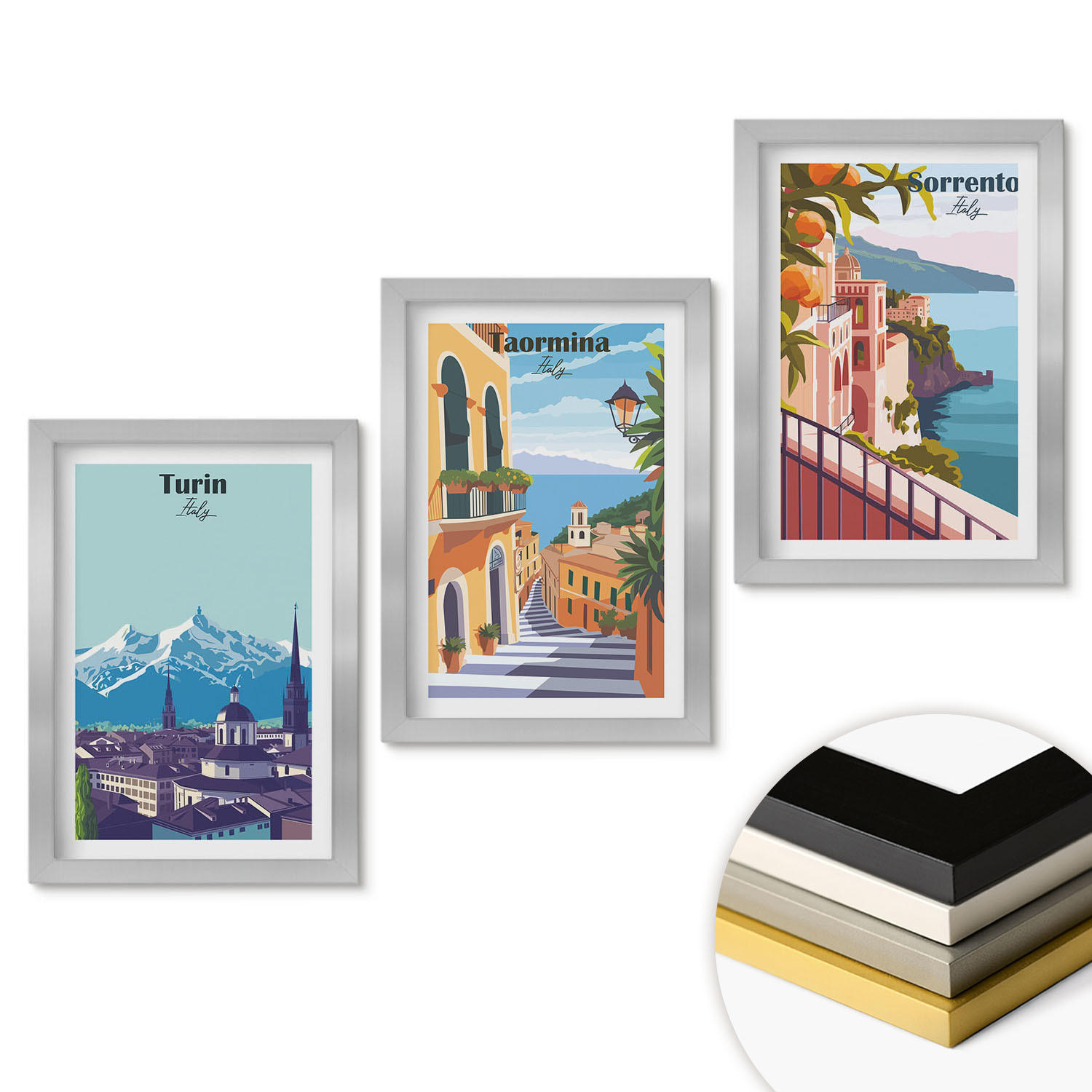 WANDBILDER 3er Set - 20x30 cm Silberner Rahmen - Farbenfrohe Retro-Stadtansichten - Silberfarben, Kunststoff (20/30cm) - ArtPrintCave