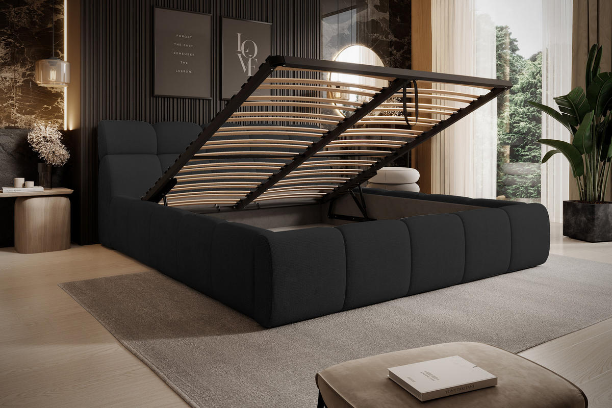 POLSTERBETT GIULIA, komfortabel, mit Bettkasten, verstellbarem Kopfteil und LED, 140x200x96 cm, Farbe Schwarz - Schwarz, Holzwerkstoff/Kunststoff (140/200cm) - DomoHome