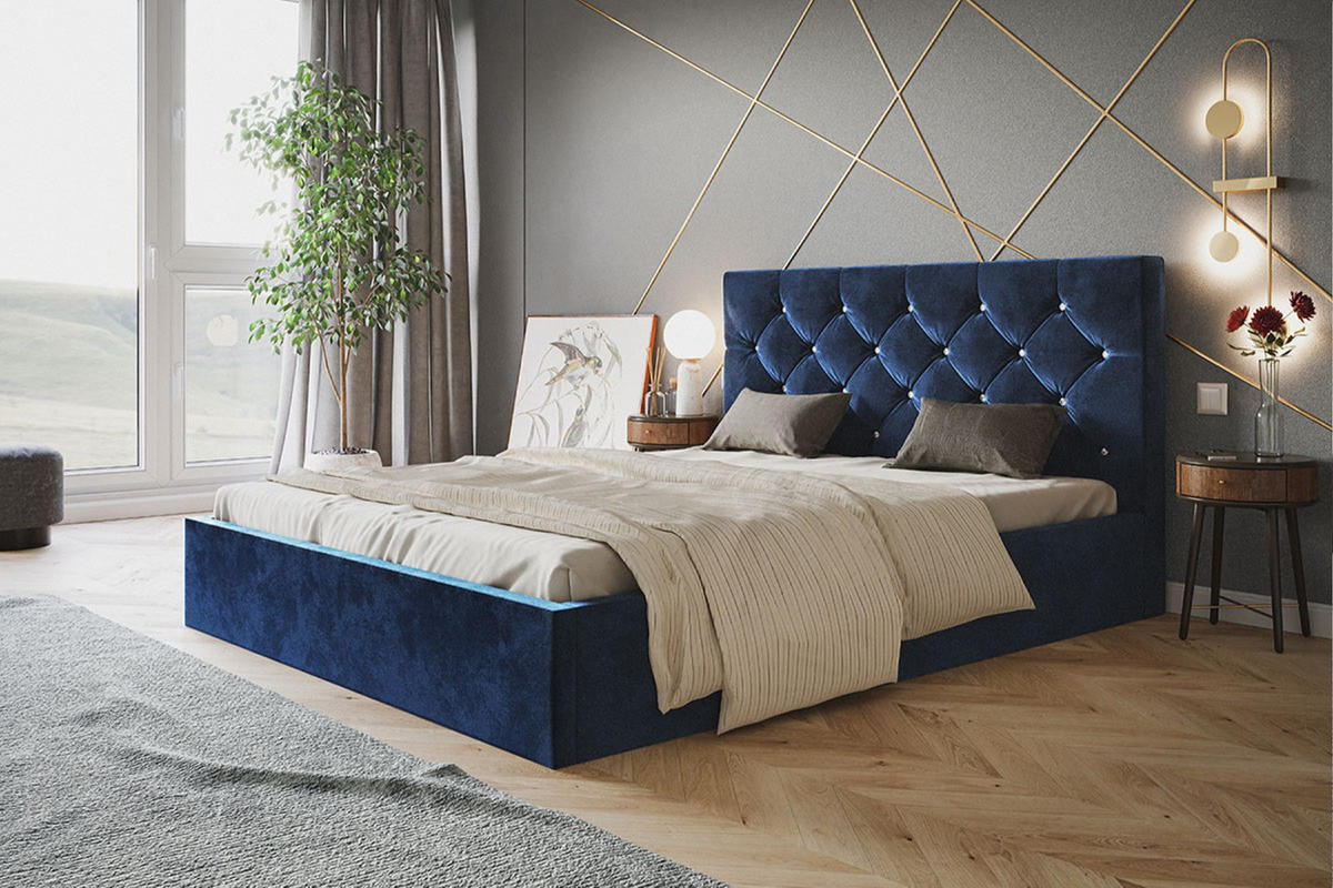 POLSTERBETT BOSTON SLIM, 120 x 200 cm mit Bettkasten und Lattenrost aus Holz, Farbe: Dunkelblau, Velourestoff - Dunkelblau, Holz/Kunststoff (120/200cm) - Alpi-Möbel