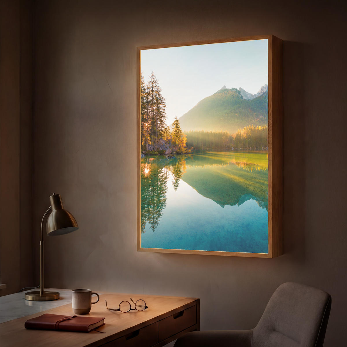 WANDLEUCHTE MIT AKKU See - Wald - Berge - Natur - Sonne - Landschaft 60x90 cm - Grün, Holzwerkstoff (60/90/8cm) - OnlyWow