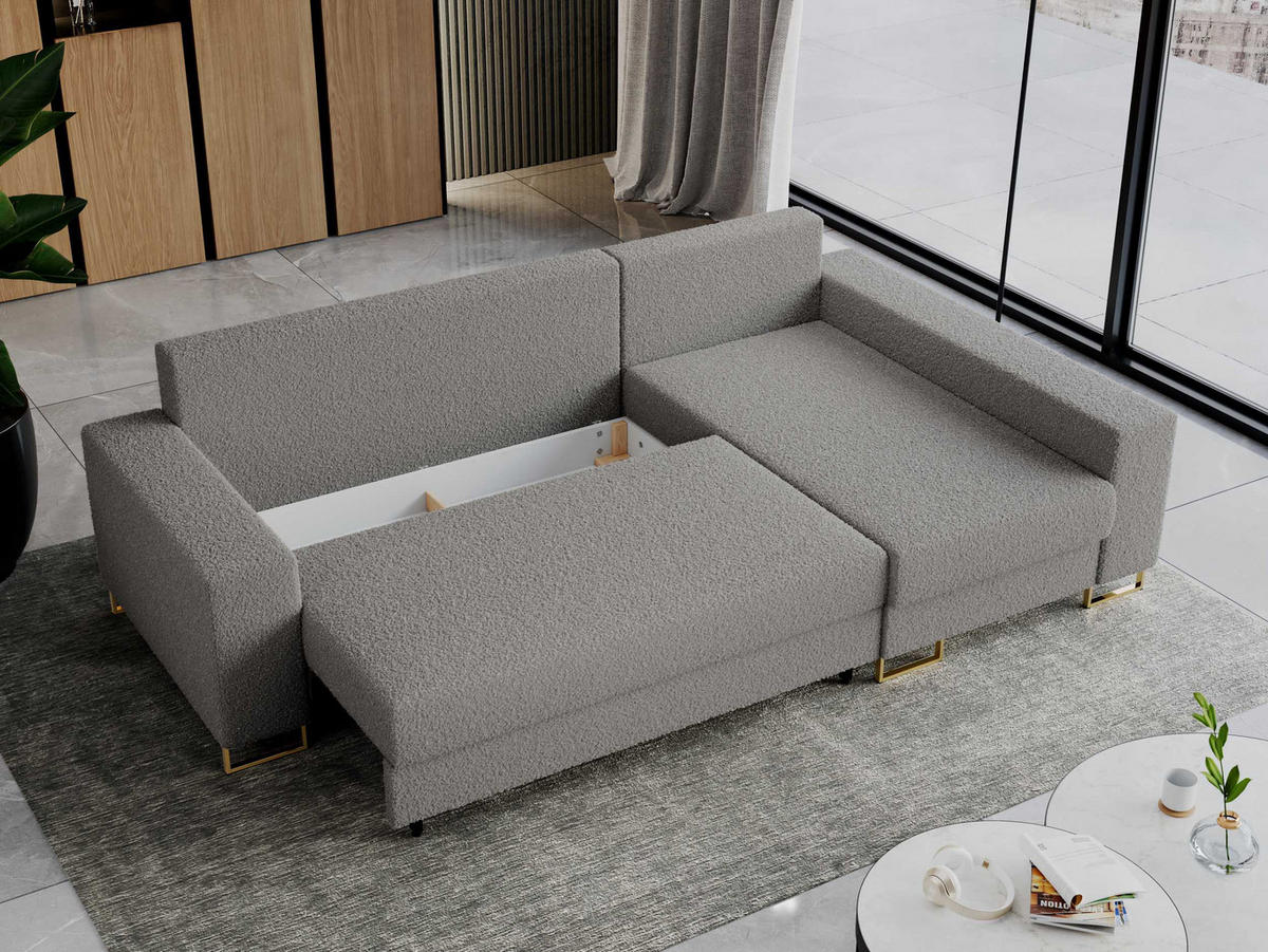 ECKSOFA Dorian Boucle Hellgrau - Goldfarben/Hellgrau, Textil/Metall (242/138cm) - MKS