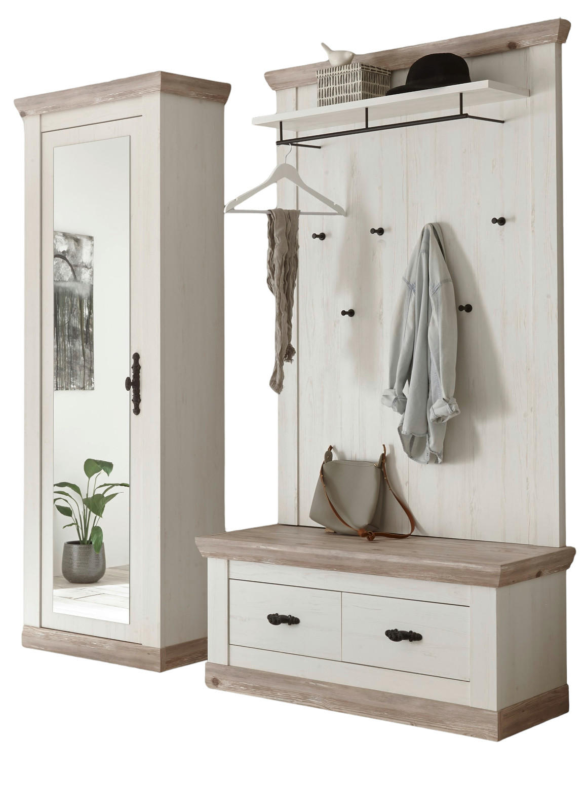 GARDEROBENKOMBINATION Pinie weiß, Oslo Pinie Landhaus, Garderobe Set 3-tlg., 190 x 201 cm - Weiß/Pinienfarben, Holzwerkstoff/Metall (190/201/45cm) - Furn.Design