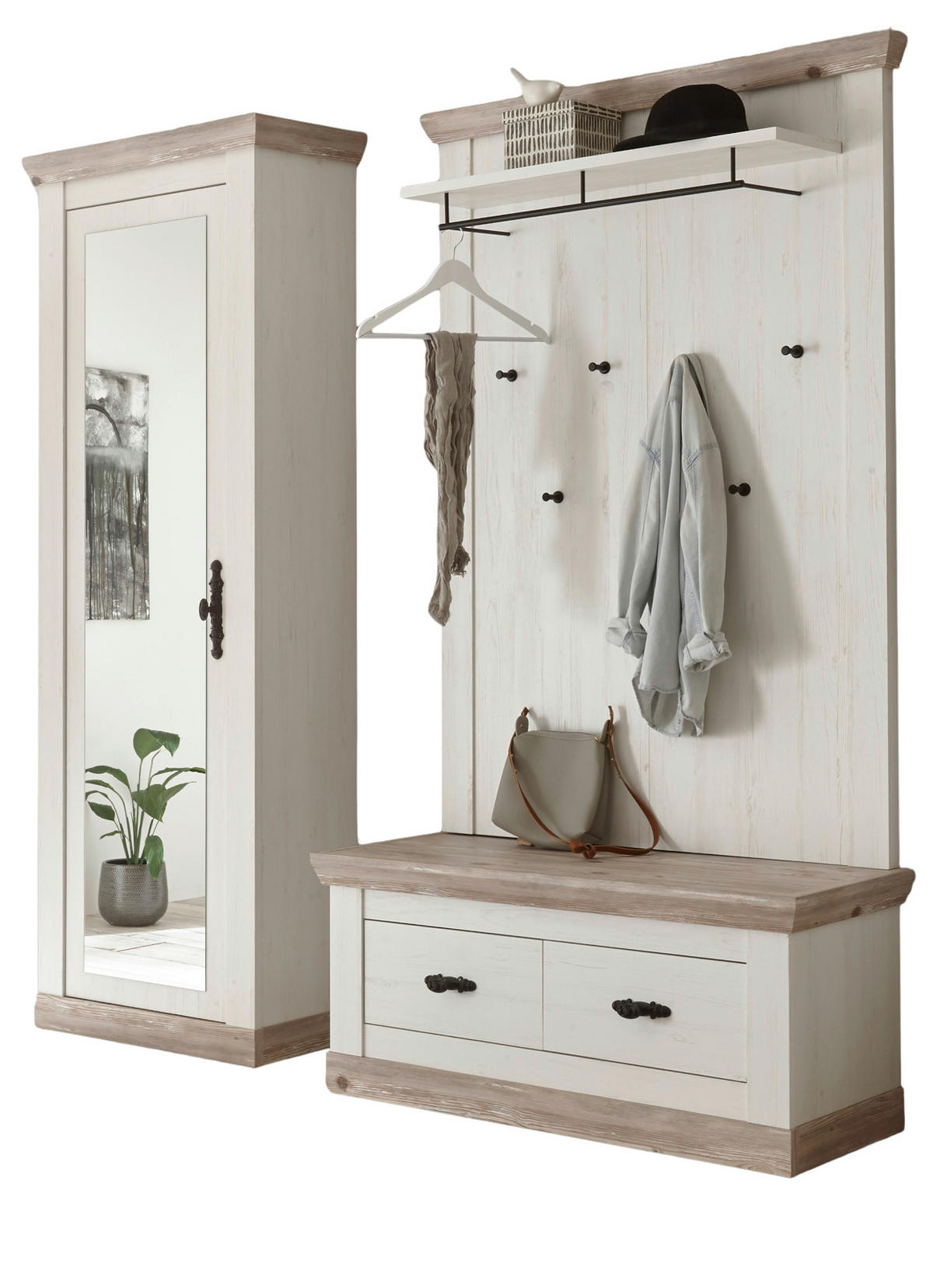 GARDEROBENKOMBINATION Pinie weiß, Oslo Pinie Landhaus, Garderobe Set 3-tlg., 190 x 201 cm - Weiß/Pinienfarben, Holzwerkstoff/Metall (190/201/45cm) - Furn.Design