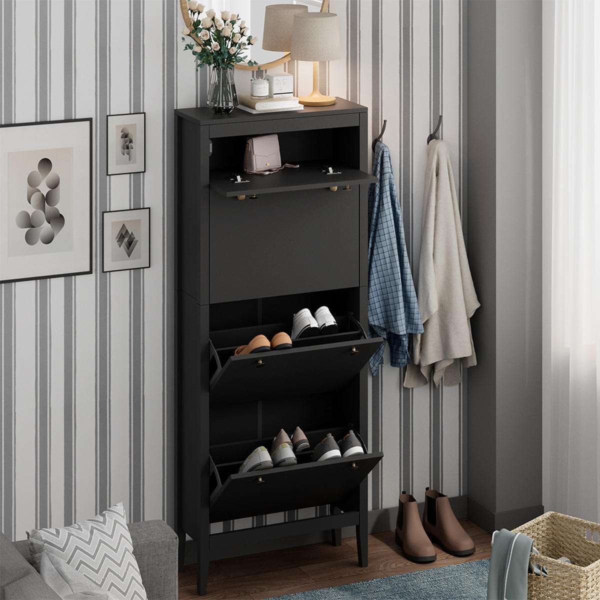 SCHUHSCHRANK Aron Schwarz 60 x 153 cm ,3 Fächer - Schwarz, Holzwerkstoff (60/153/23.5cm) - Vicco