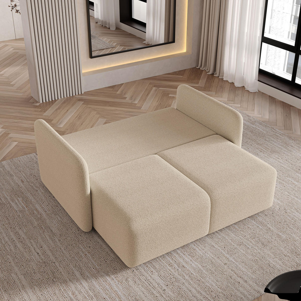 BETTSOFA SUVI II Q Beige Bucle-Stoff mit Schlaffunktion - Beige, Textil (90/85/153cm) - MASSENO