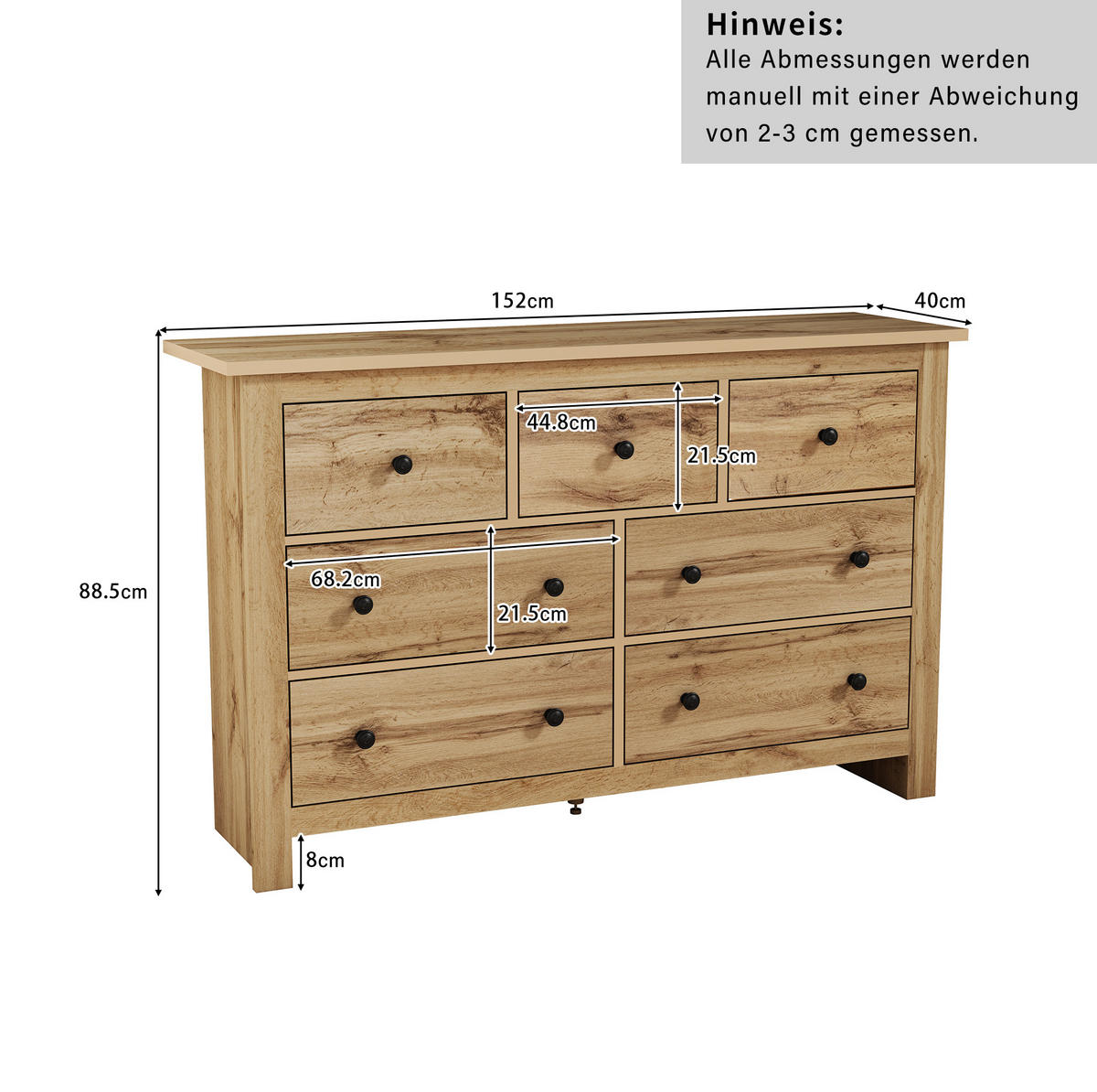 SIDEBOARD 152/40/89 cm mit 7 Schubladen in Holzfarbe im Landhausstil - Naturfarben, Holzwerkstoff (152/89/40cm) - BEAOK
